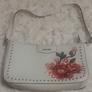 Calvin Klein White Shoulder Bag with Floral Design and Studded Detail